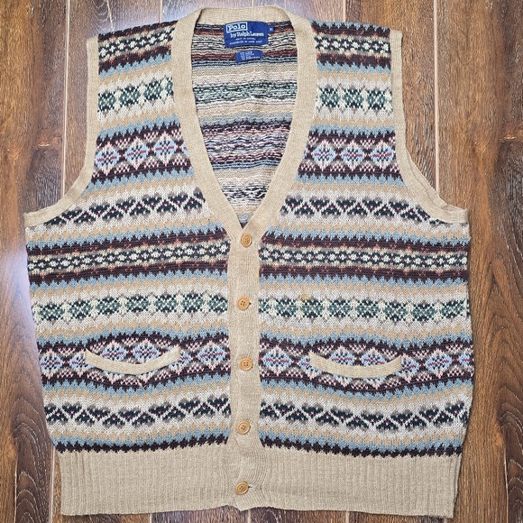 VTG Polo By Ralph Lauren Fair Isle Preppy Sweater Vest Cardigan Men XL - Picture 1 of 6